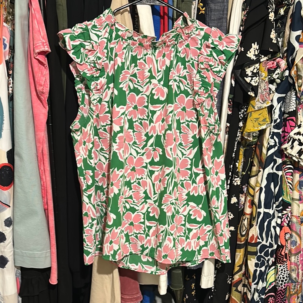 Staccato Green and Pink Ruffled Blouse with Peter Pan Collar